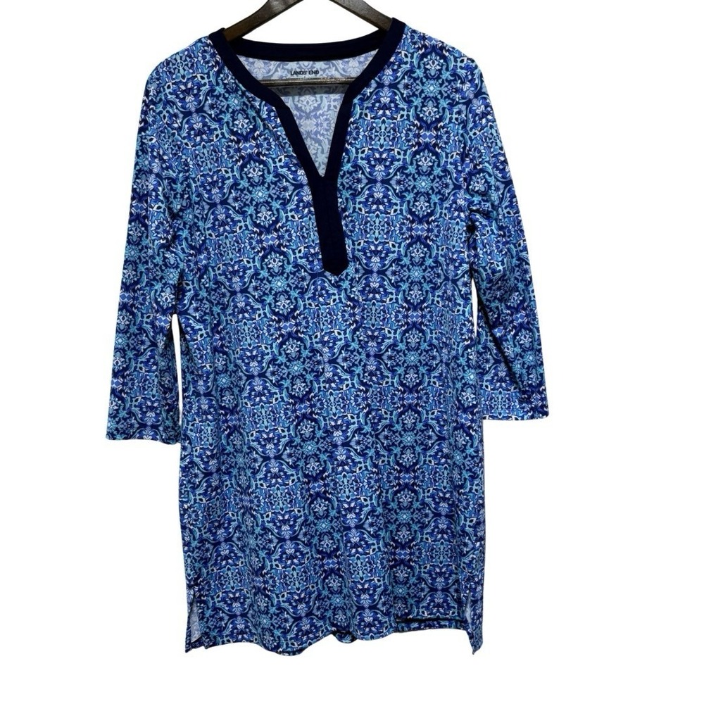 Lands End Swim Dress Womens L Blue Geometric 3/4 Sleeve Stretch Rashguard